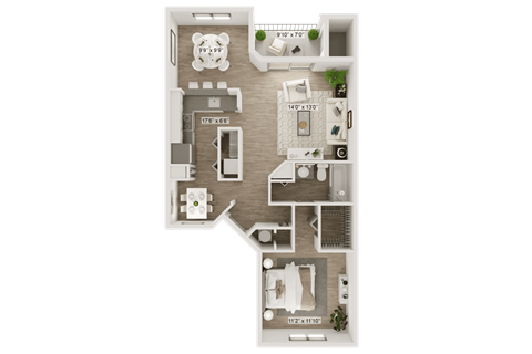 Floor plan for 1 bed, 1 bath, 840 sqft